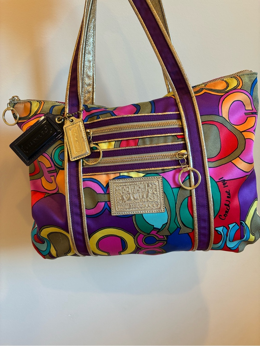 Rare Coach Poppy Glam Op Art Multicolor Tote Bag Gold Trim H0993-14365